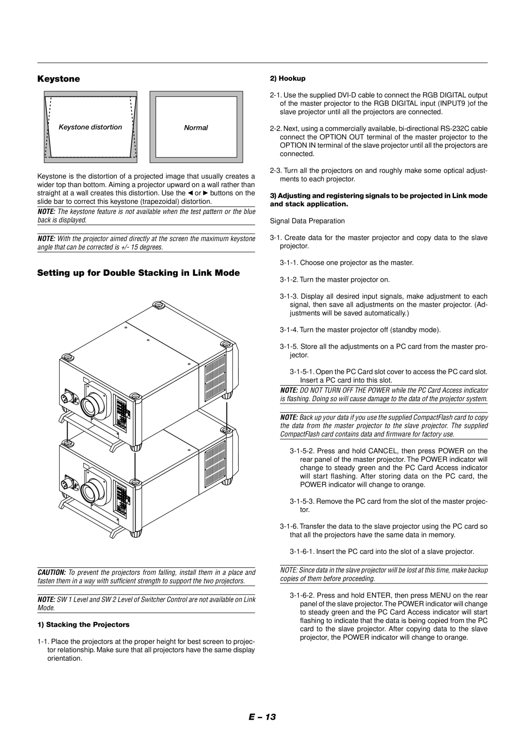 NEC XT9000 user manual Setting up for Double Stacking in Link Mode, Stacking the Projectors, Hookup 