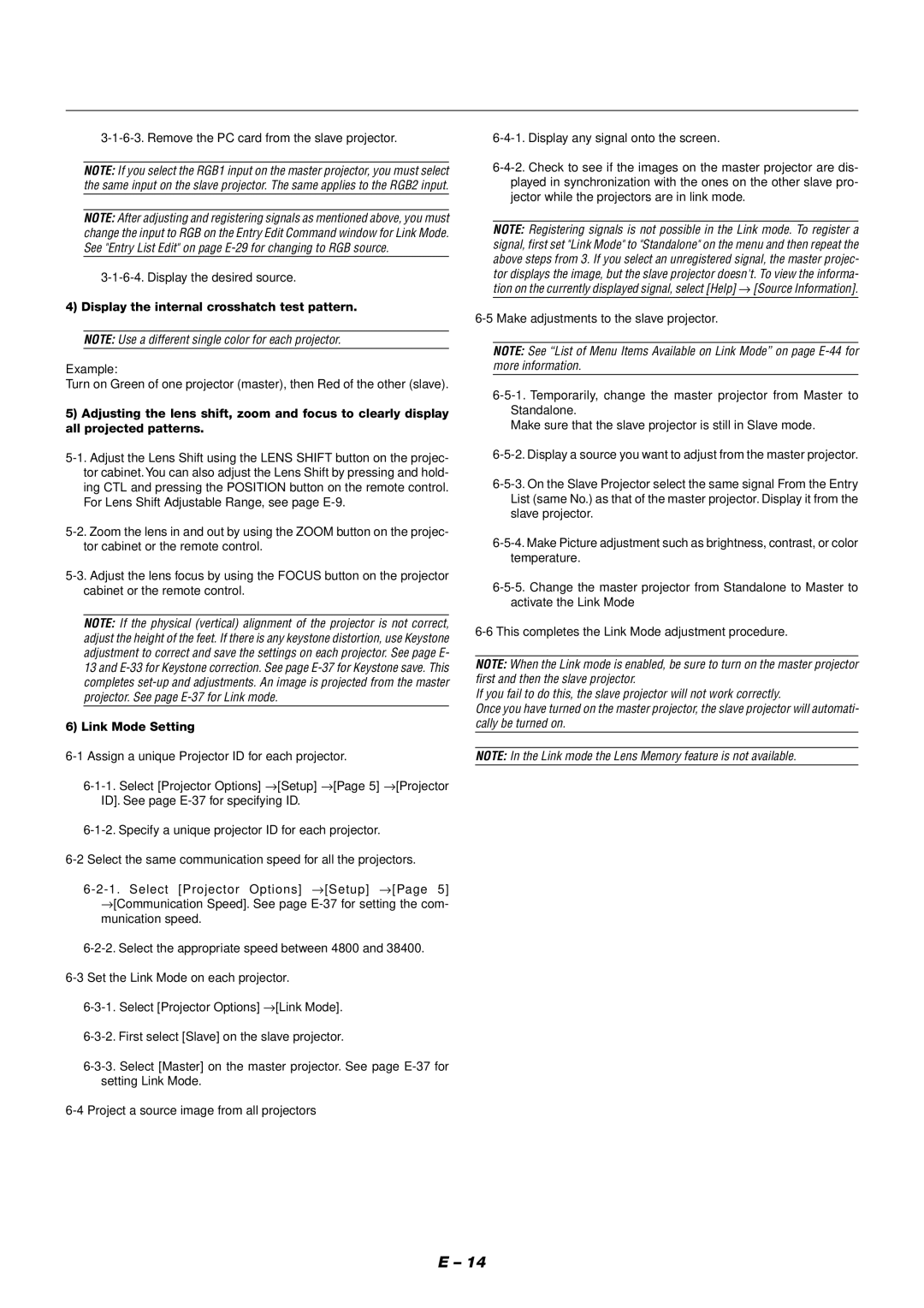 NEC XT9000 user manual Display the internal crosshatch test pattern, Link Mode Setting 