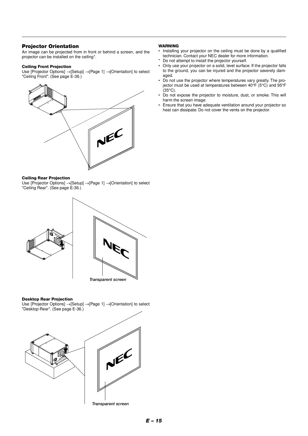 NEC XT9000 user manual Projector Orientation, Ceiling Front Projection, Ceiling Rear Projection, Desktop Rear Projection 