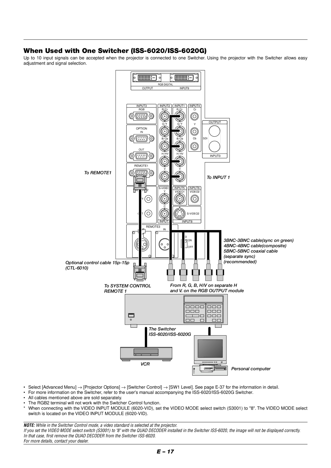 NEC XT9000 user manual When Used with One Switcher ISS-6020/ISS-6020G, To REMOTE1 To Input 