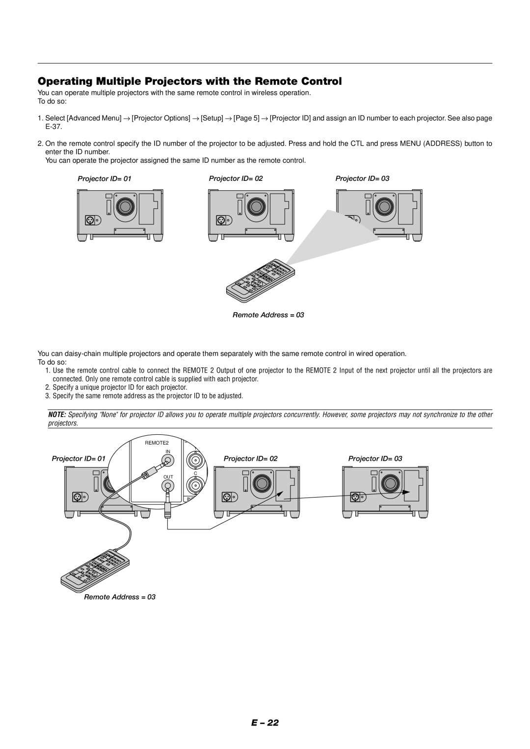 NEC XT9000 user manual Operating Multiple Projectors with the Remote Control, Projector ID= Remote Address = 