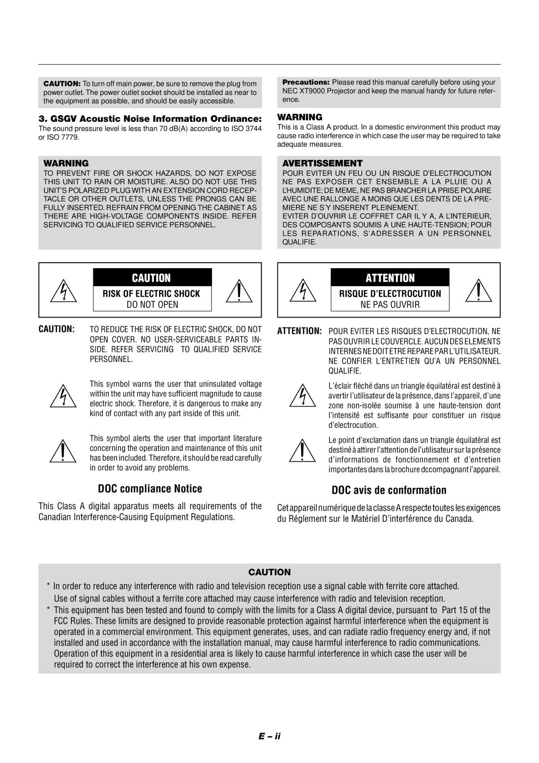 NEC XT9000 user manual Gsgv Acoustic Noise Information Ordinance, Avertissement 