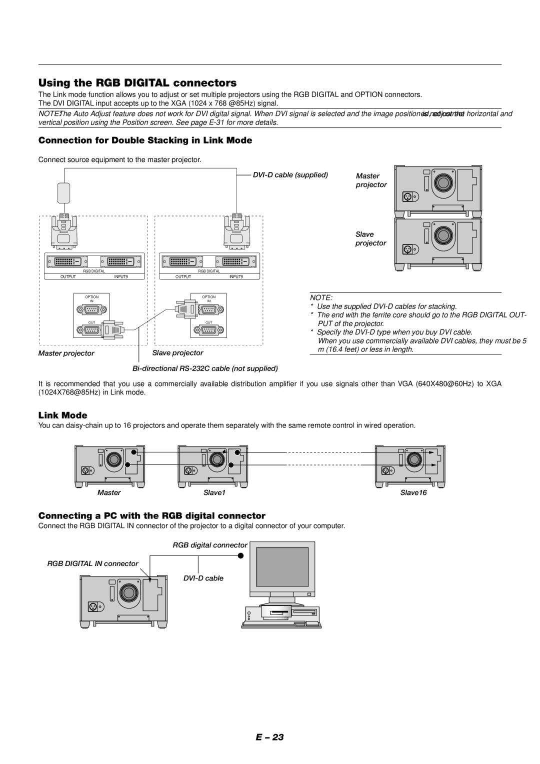 NEC XT9000 user manual Using the RGB Digital connectors, Connection for Double Stacking in Link Mode 