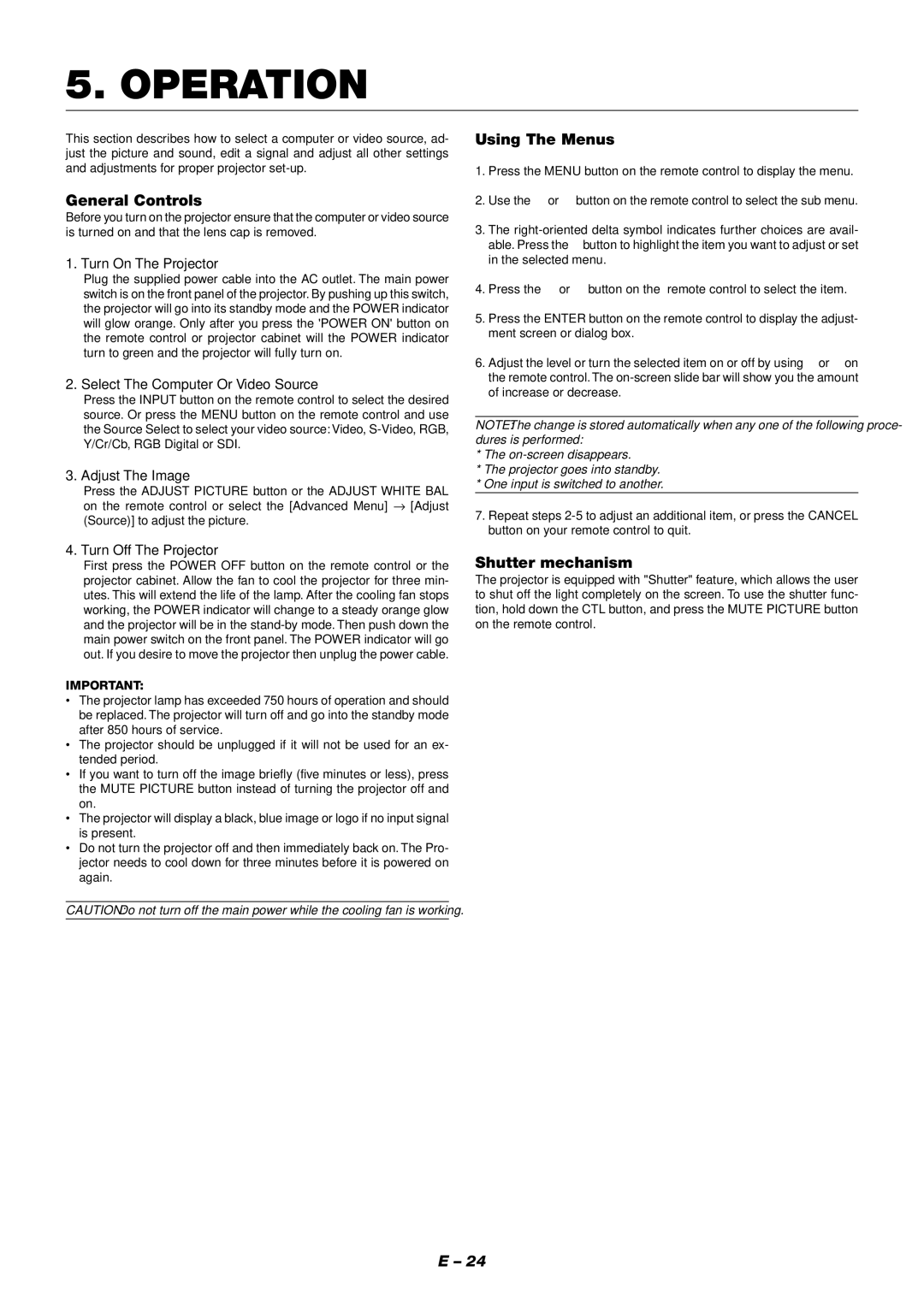 NEC XT9000 user manual Operation, General Controls, Using The Menus, Shutter mechanism 