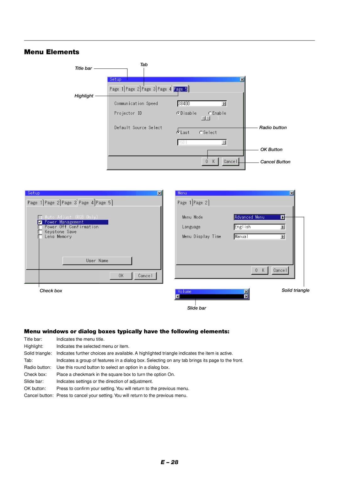 NEC XT9000 user manual Menu Elements 