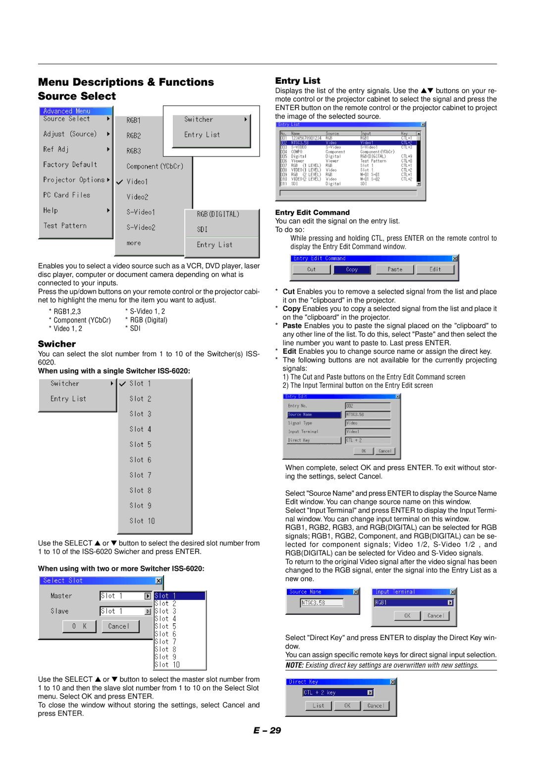 NEC XT9000 user manual Menu Descriptions & Functions Source Select, Swicher, Entry List, Sdi, Entry Edit Command 