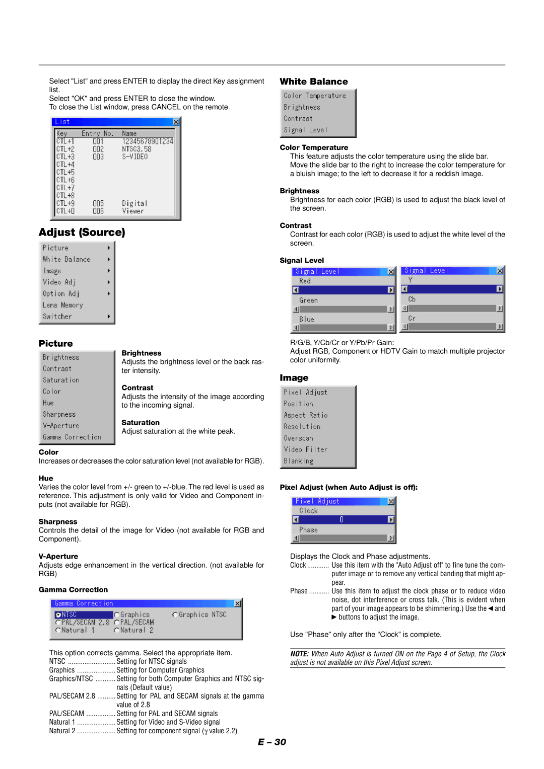 NEC XT9000 user manual Adjust Source, White Balance, Picture, Image 