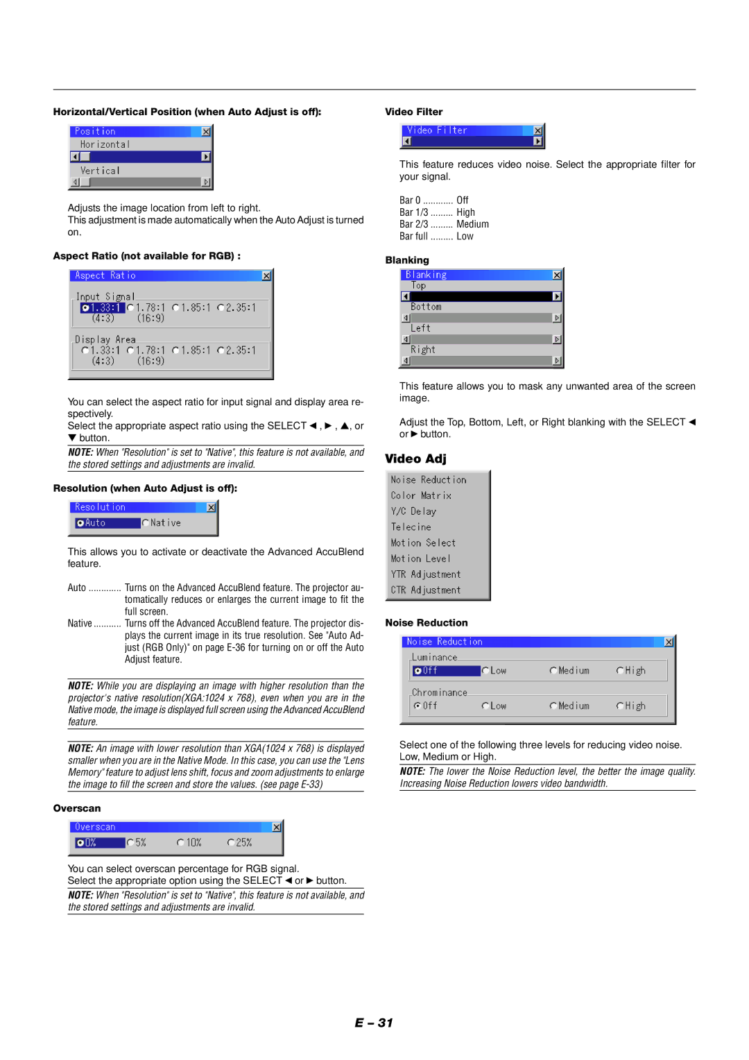 NEC XT9000 user manual Video Adj 