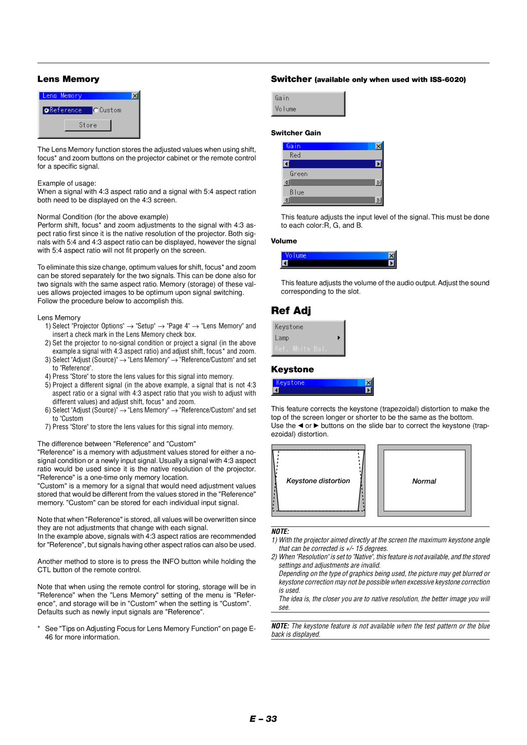 NEC XT9000 user manual Ref Adj, Lens Memory, Keystone, Volume 