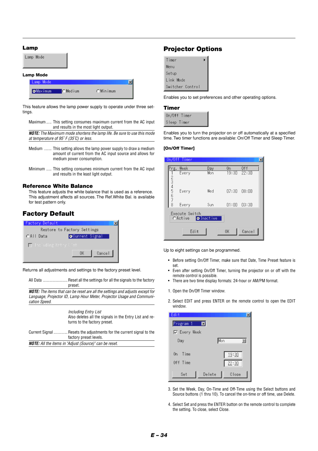 NEC XT9000 user manual Projector Options, Factory Default, Lamp, Reference White Balance, Timer 