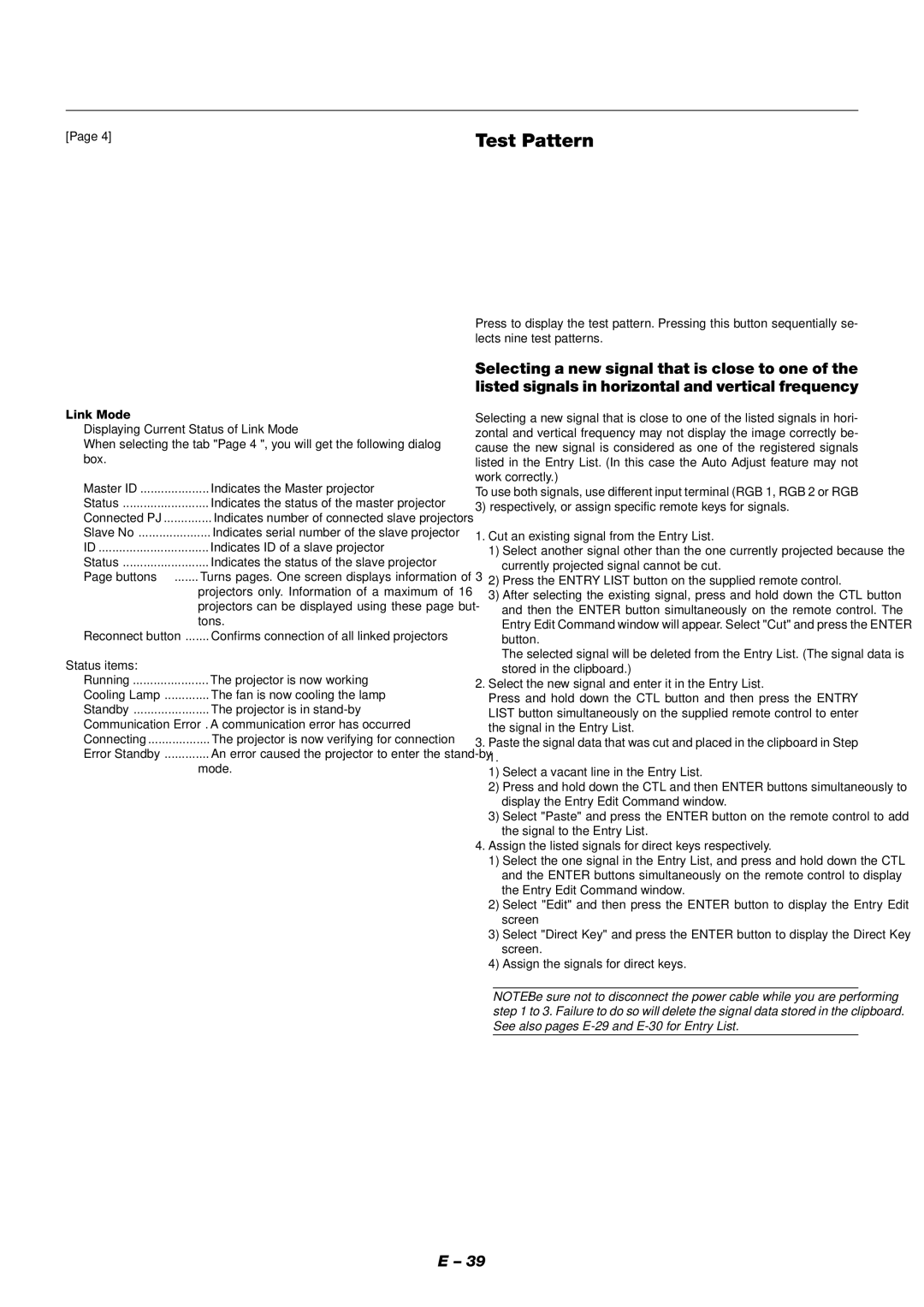 NEC XT9000 user manual Test Pattern, Link Mode 