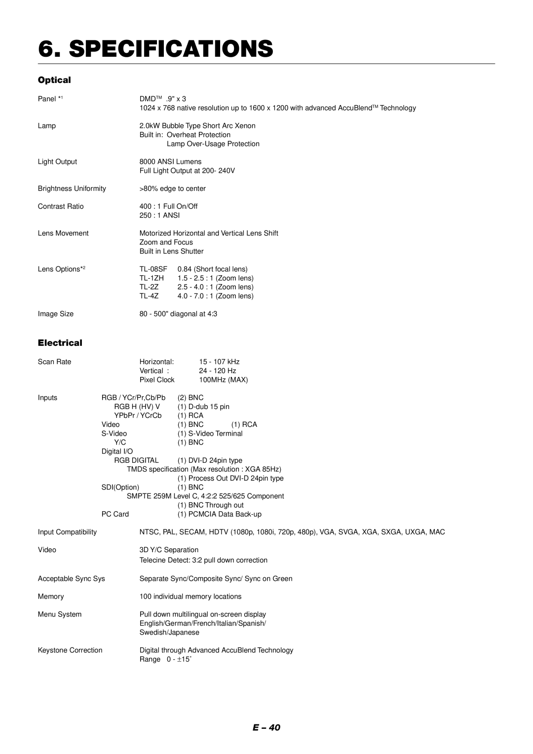 NEC XT9000 user manual Specifications, Optical, Electrical 