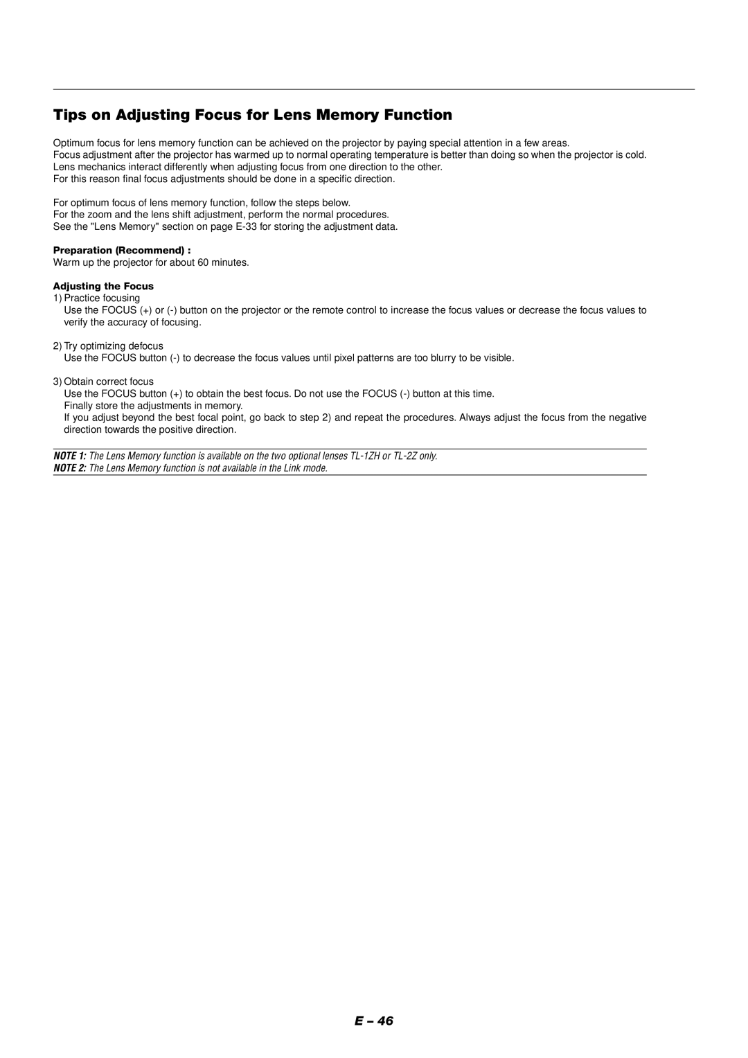 NEC XT9000 user manual Tips on Adjusting Focus for Lens Memory Function, Preparation Recommend, Adjusting the Focus 