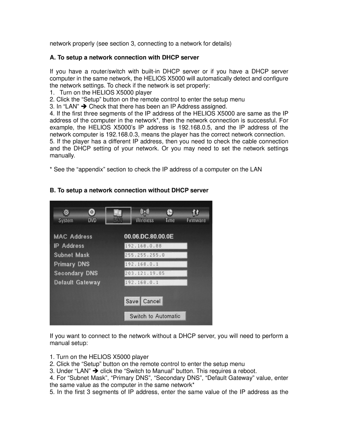 NeoDigits.com X5000 HD To setup a network connection with Dhcp server, To setup a network connection without Dhcp server 