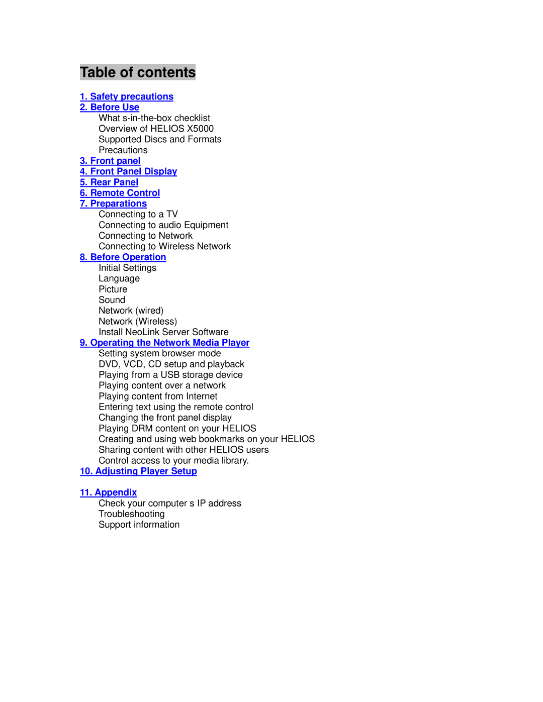 NeoDigits.com X5000 HD manual Table of contents 