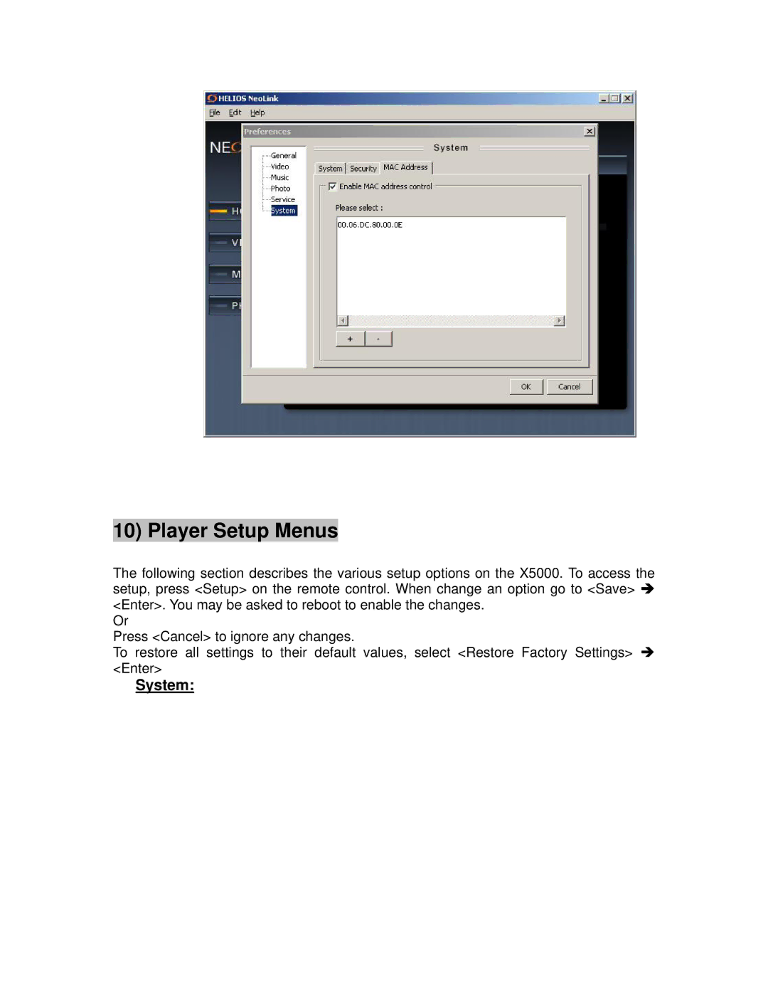 NeoDigits.com X5000 HD manual Player Setup Menus, System 