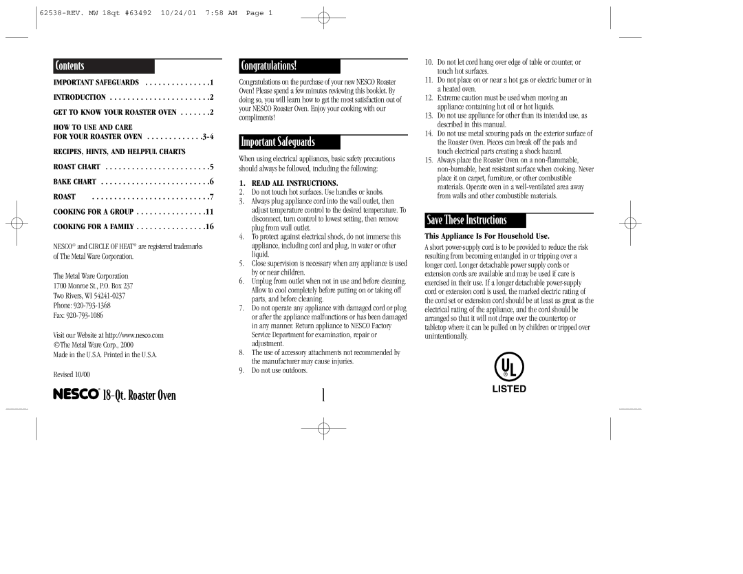 Nesco 18-Qt. ROASTER OVEN manual Contents, Congratulations, Important Safeguards 