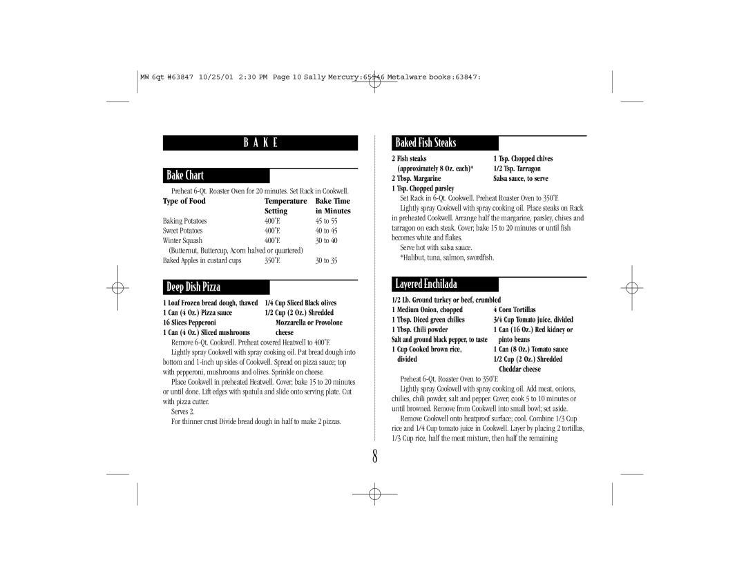 Nesco 6 Qt. Roaster Oven manual Bake Chart, Deep Dish Pizza, Baked Fish Steaks, Layered Enchilada 