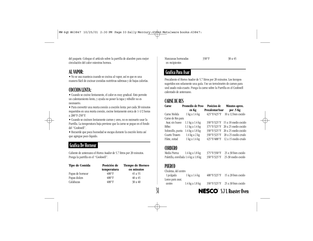 Nesco 6 Qt. Roaster Oven manual AL Vapor, Coccion Lenta, Grafica De Hornear, Grafica Para Asar, Tipo de Comida 