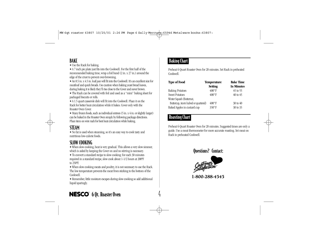 Nesco 6-QT manual Baking Chart, Roasting Chart, Type of Food 