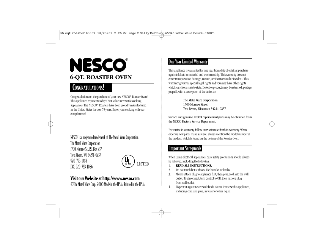Nesco manual One Year Limited Warranty, Important Safeguards, Listed, Fax, Read All Instructions, 6-QT.ROASTER OVEN 