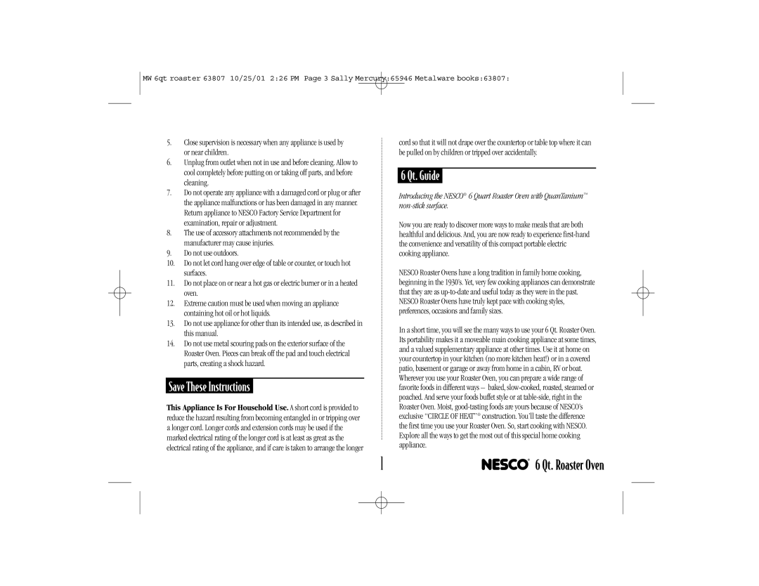Nesco 6-QT manual Save These Instructions, 6 Qt. Guide 