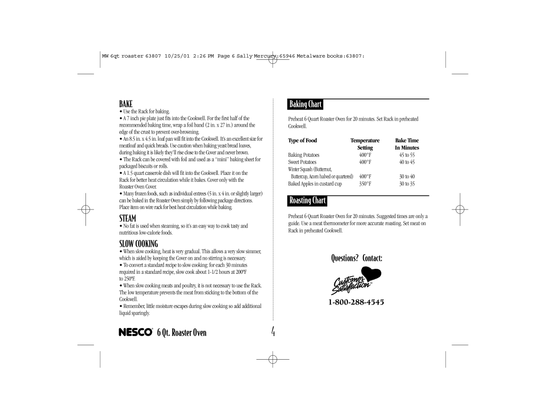 Nesco 6-QT Bake, Steam, Slow Cooking, Baking Chart, Roasting Chart, Questions? Contact, Type of Food, 6 Qt. Roaster Oven 