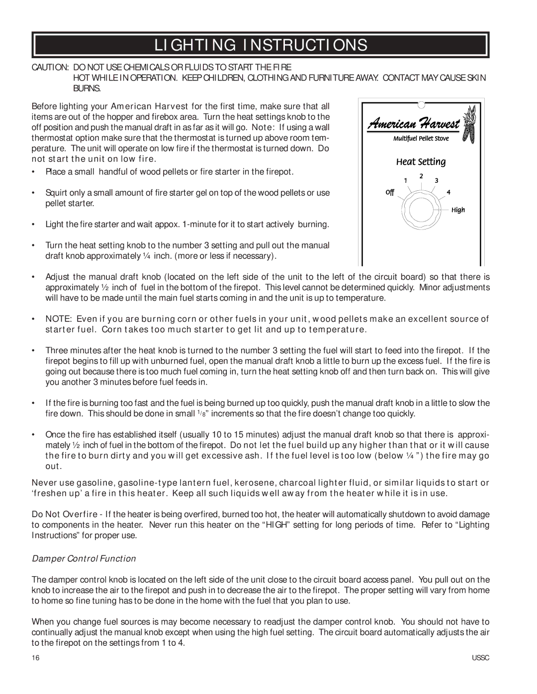 Nesco 6033 owner manual Lighting Instructions, Damper Control Function 