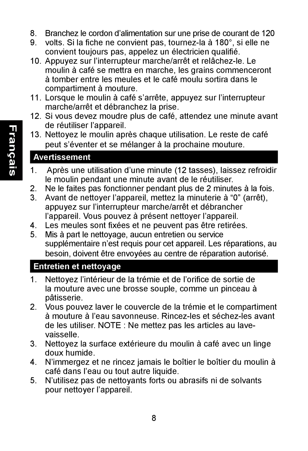 Nesco BG-88PR manual Avertissement, Entretien et nettoyage 