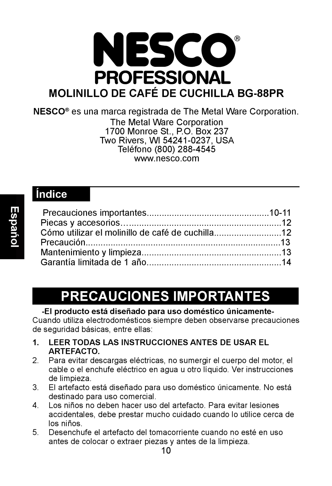 Nesco manual Precauciones Importantes, Molinillo DE Café DE Cuchilla BG-88PR 