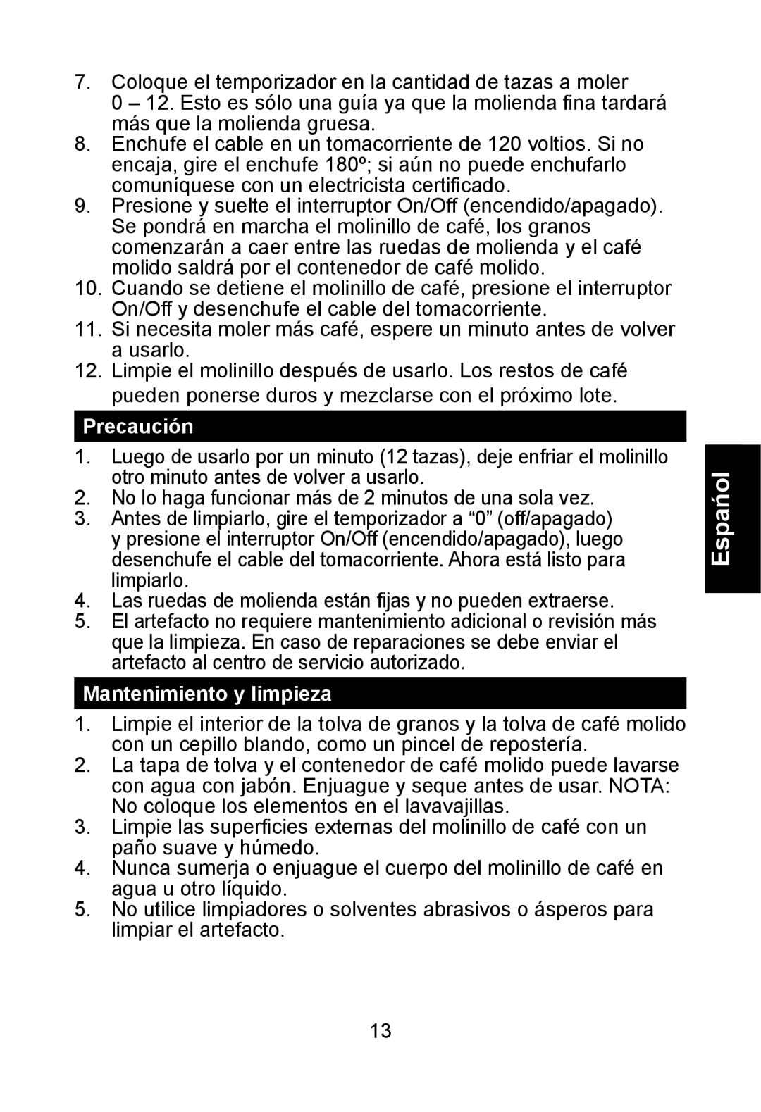 Nesco BG-88PR manual Precaución, Mantenimiento y limpieza 