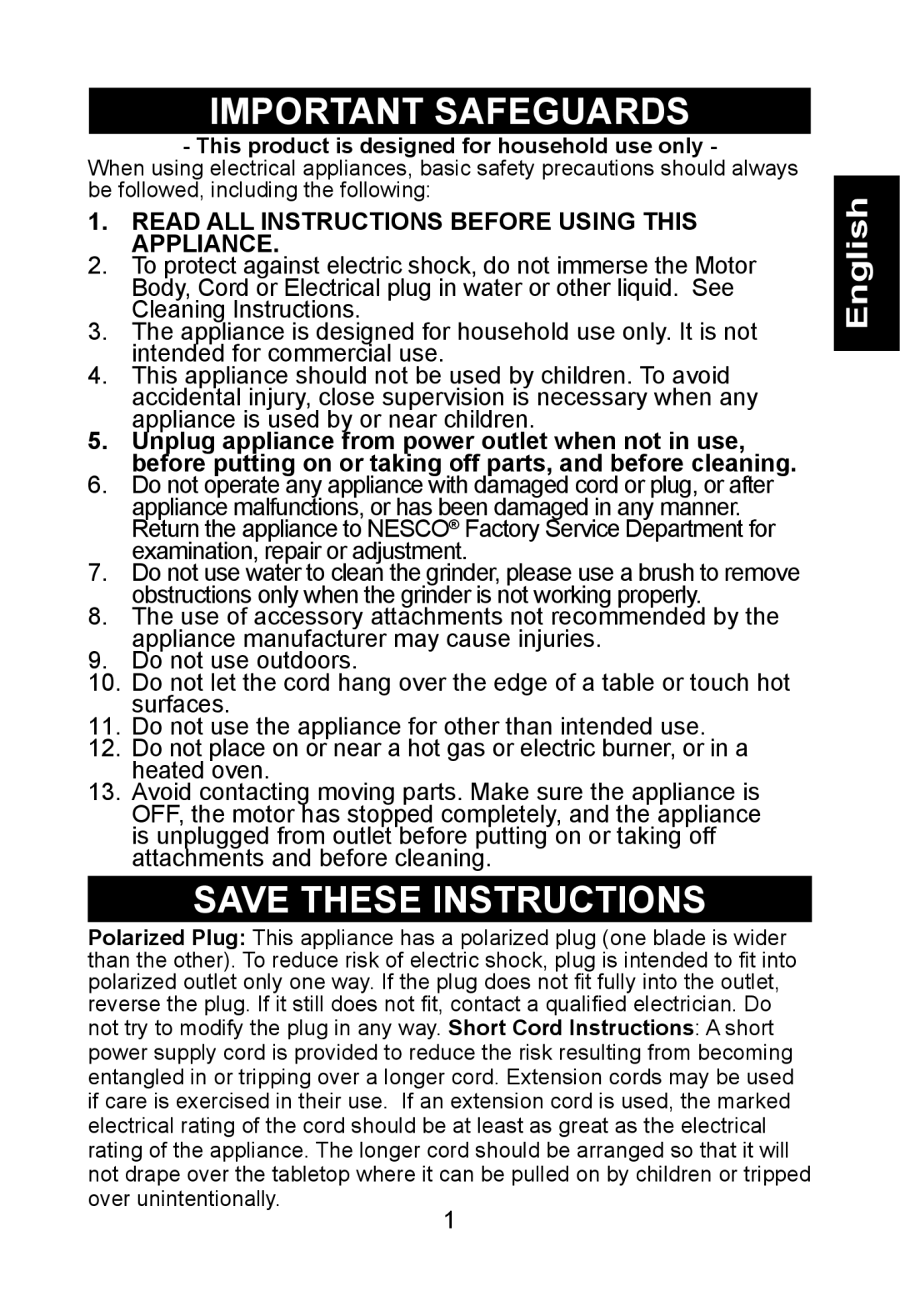 Nesco BG-88PR manual Important Safeguards, Read ALL Instructions Before Using this Appliance 