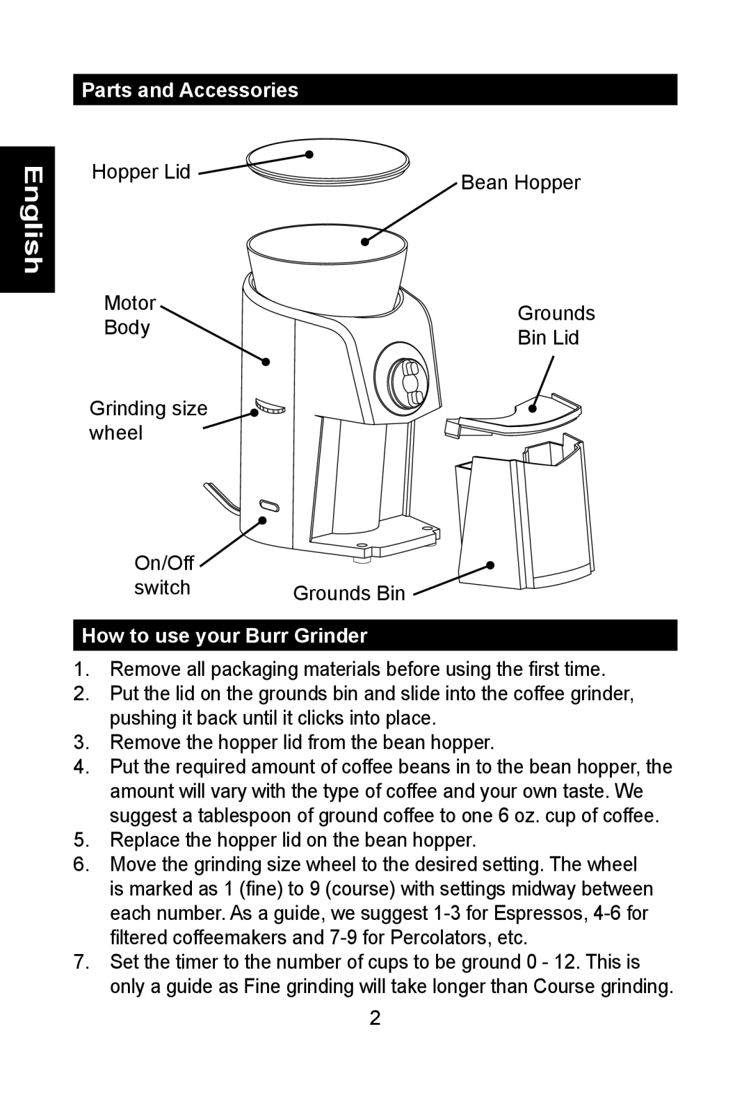 Nesco BG-88PR manual Parts and Accessories, How to use your Burr Grinder 