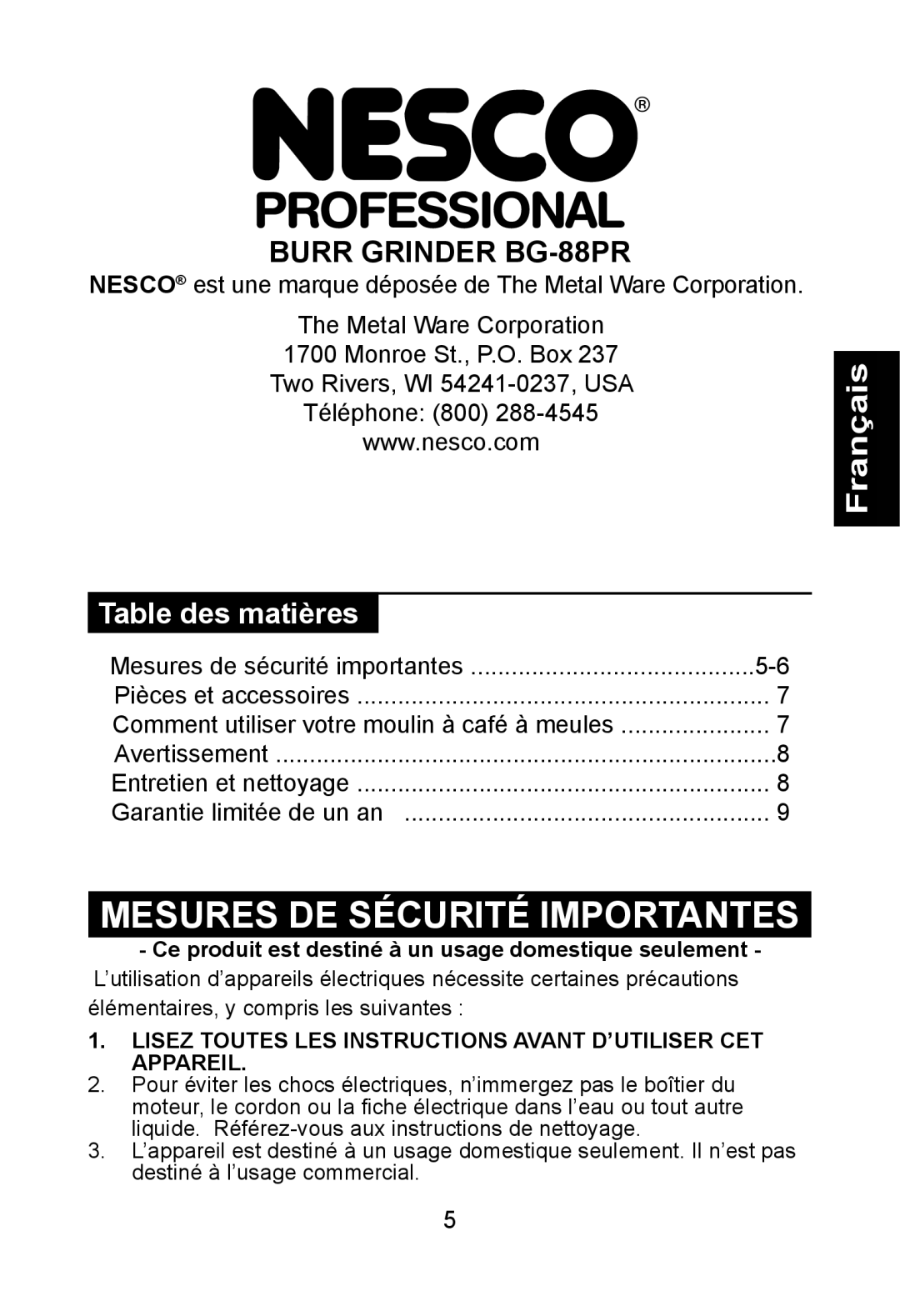 Nesco BG-88PR manual Mesures DE Sécurité Importantes, Table des matières 