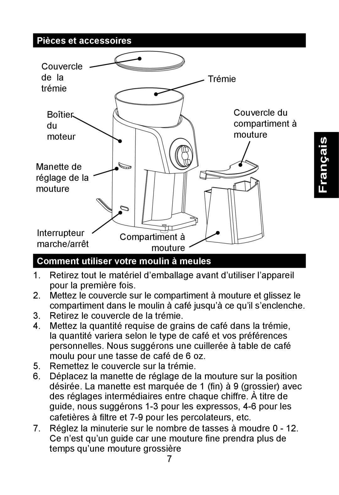 Nesco BG-88PR manual Pièces et accessoires, Comment utiliser votre moulin à meules 