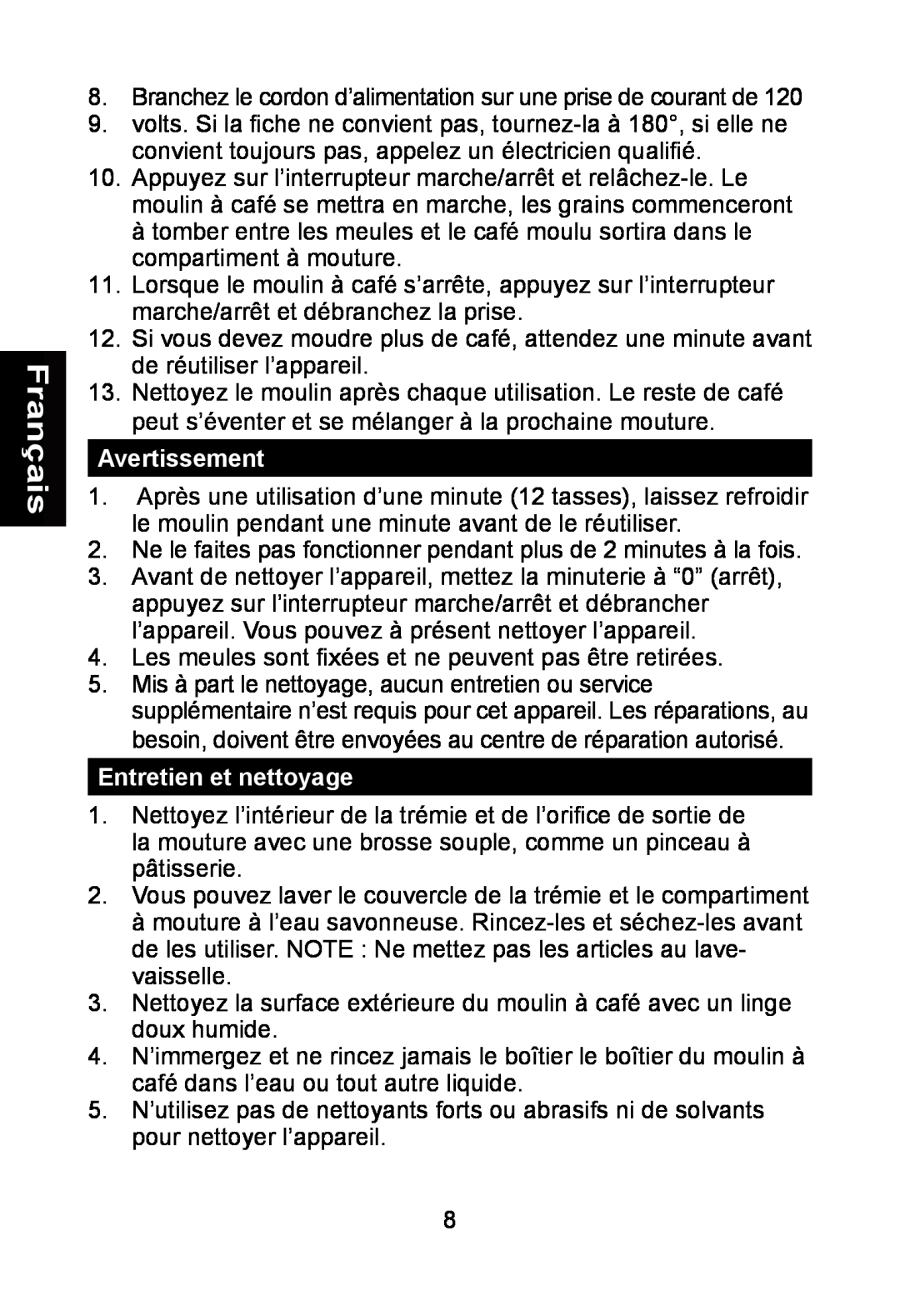 Nesco BG-88PR manual Avertissement, Entretien et nettoyage, Français 