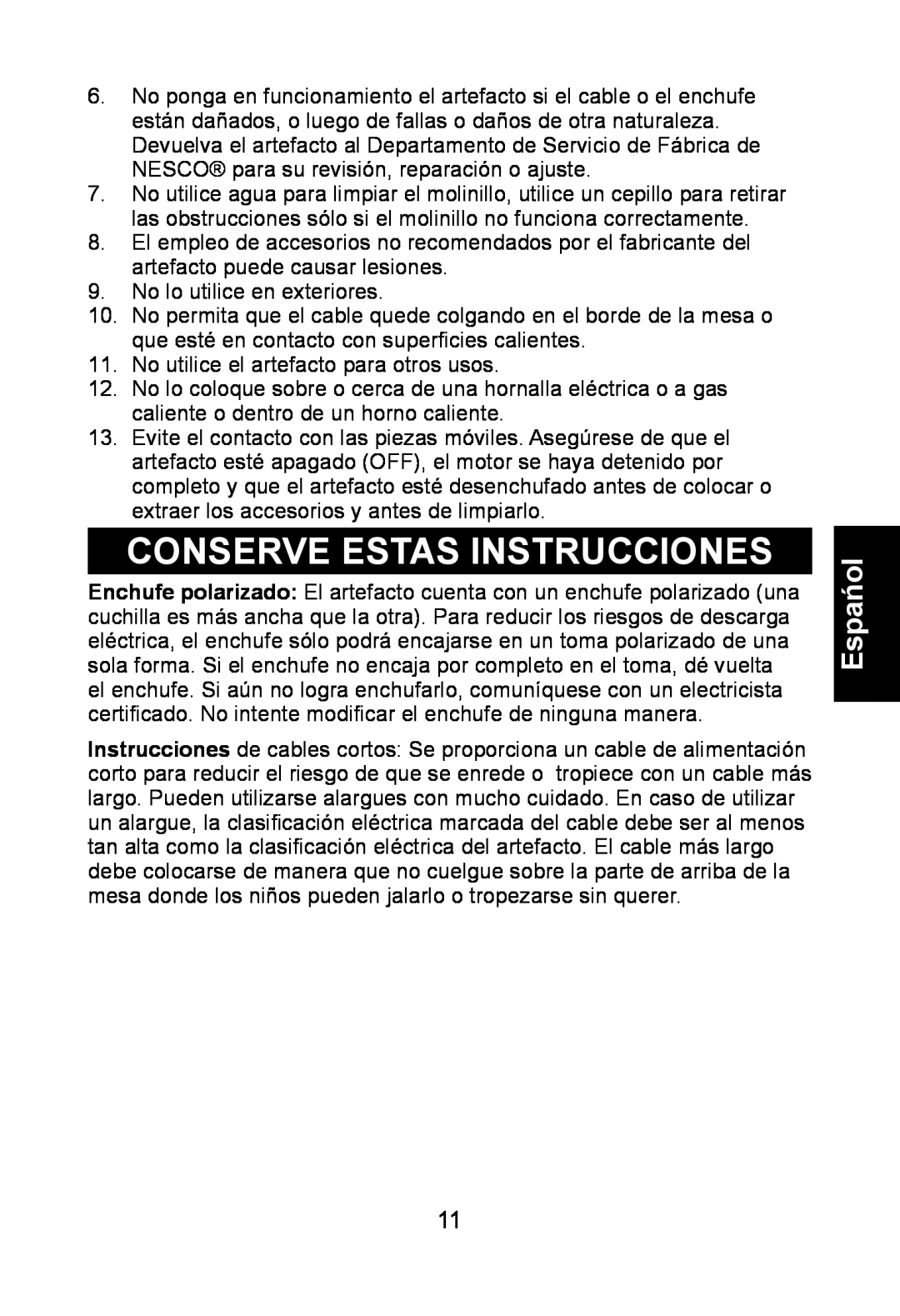 Nesco BG-88PR manual Conserve Estas Instrucciones, Espańol 