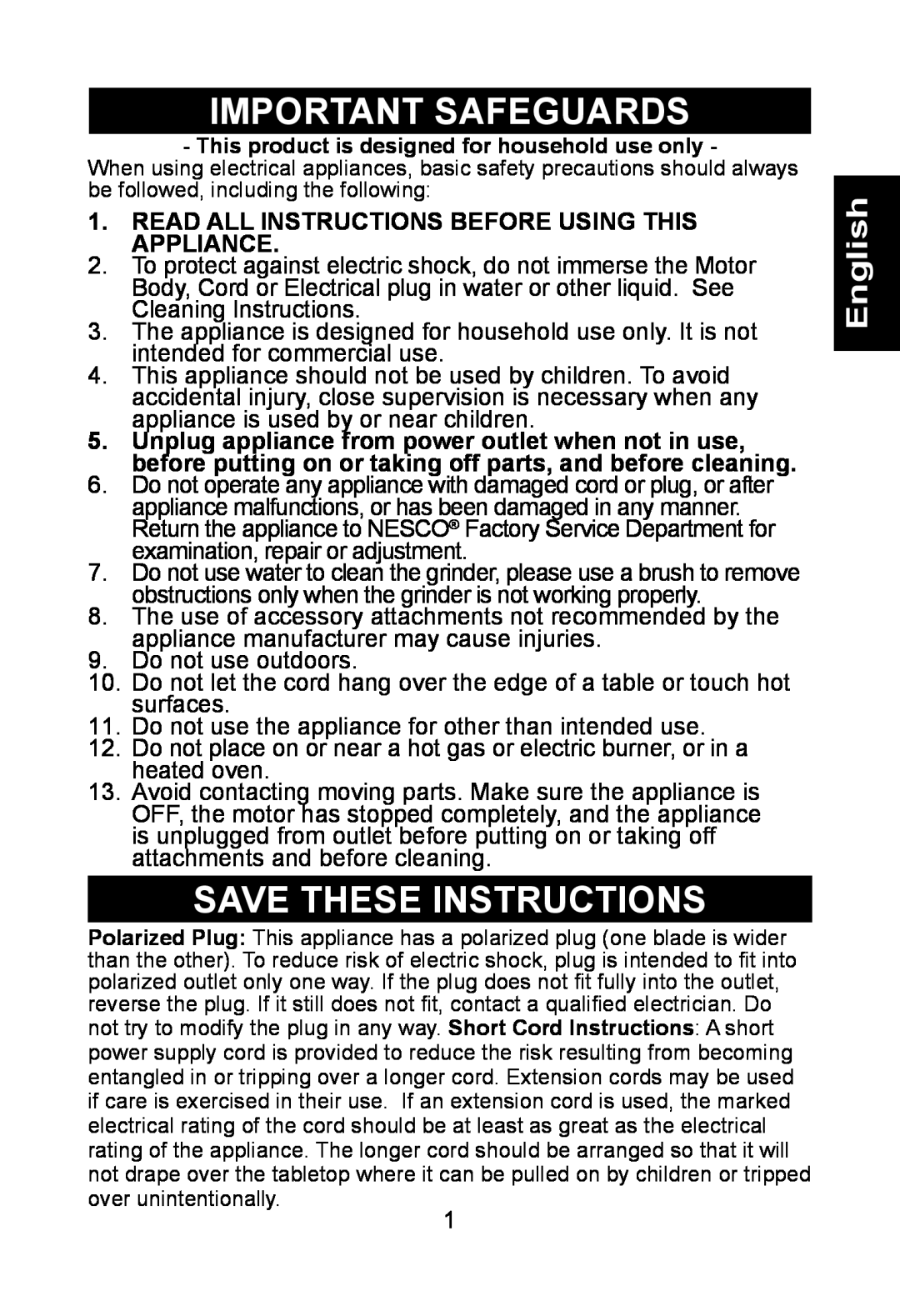 Nesco BG-88PR Important Safeguards, Save These Instructions, English, Read All Instructions Before Using This Appliance 