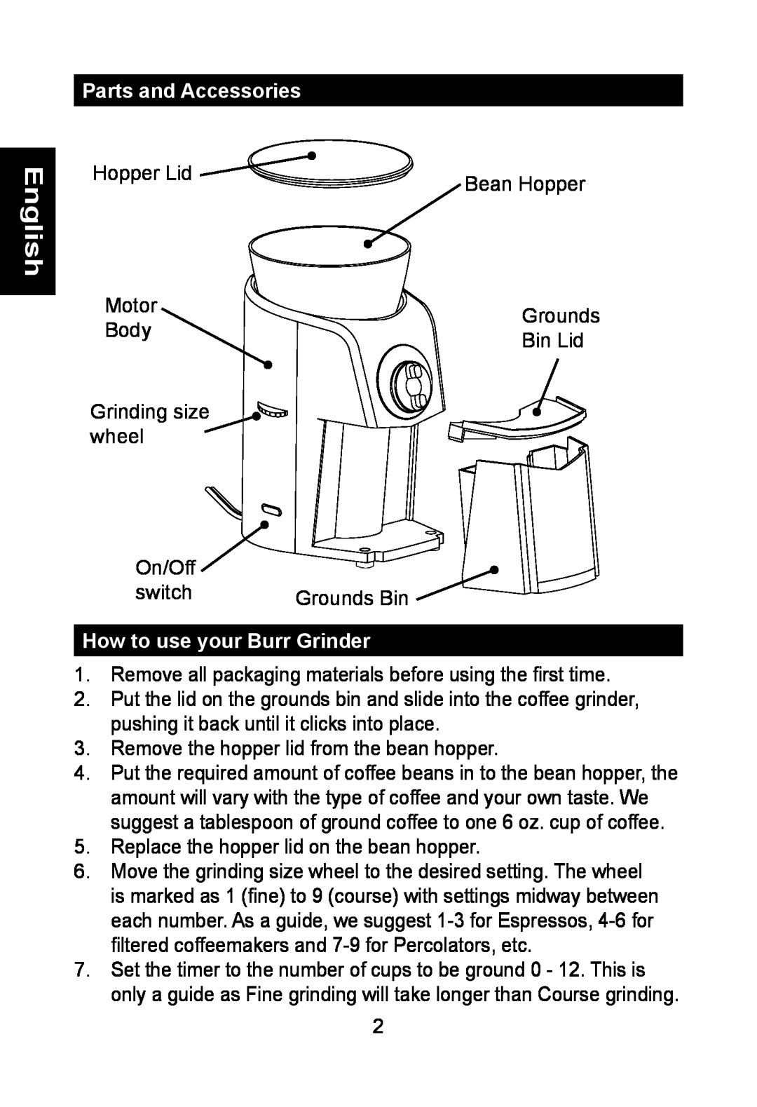 Nesco BG-88PR manual Parts and Accessories, How to use your Burr Grinder, English 