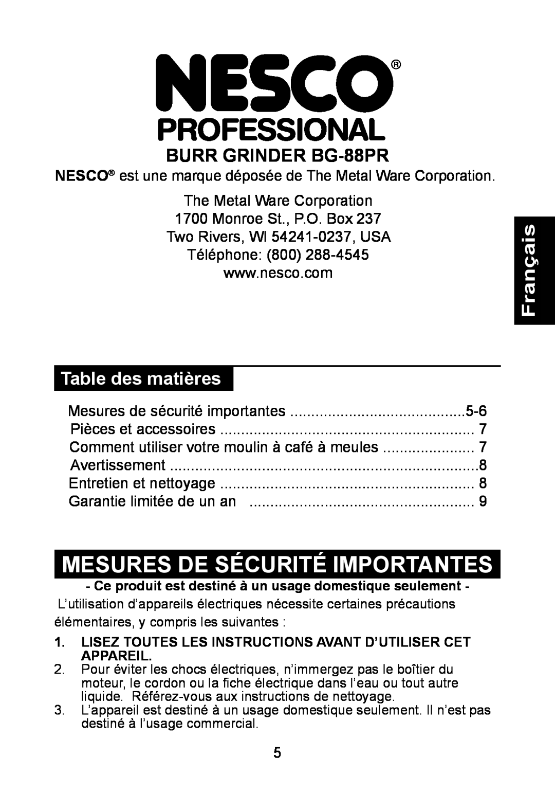 Nesco manual Français, Mesures De Sécurité Importantes, BURR GRINDER BG-88PR, Table des matières 