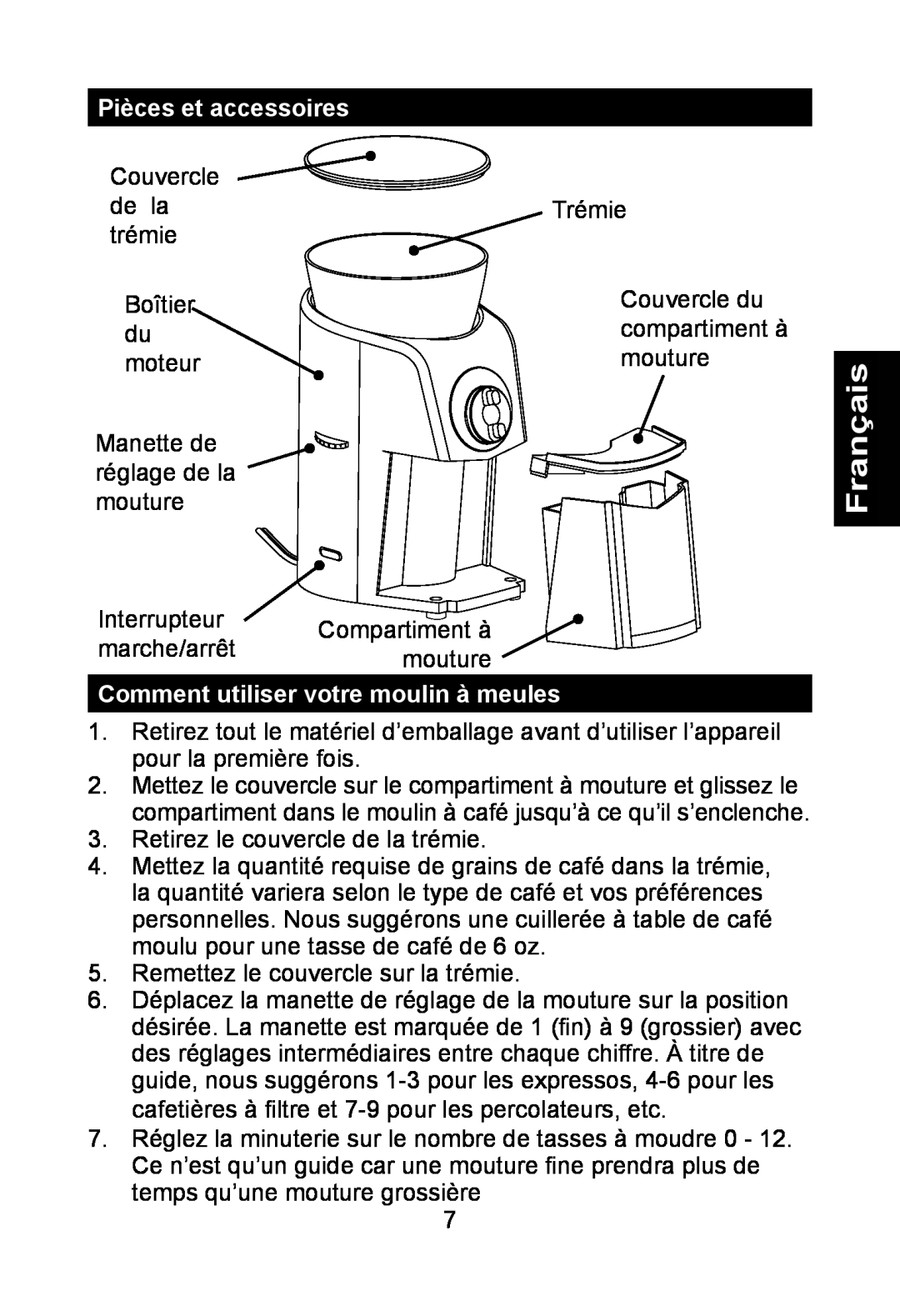 Nesco BG-88PR manual Pièces et accessoires, Comment utiliser votre moulin à meules, Français 