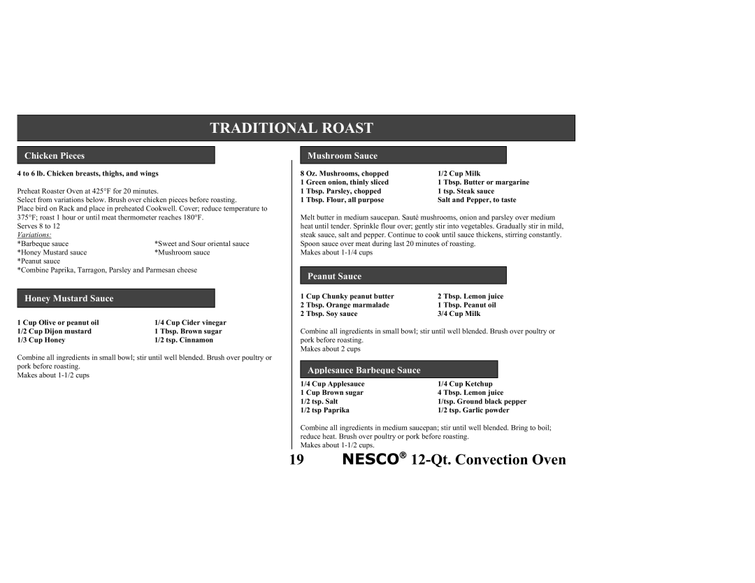 Nesco Convection Roaster Oven Chicken Pieces, Honey Mustard Sauce, Mushroom Sauce, Peanut Sauce, Applesauce Barbeque Sauce 