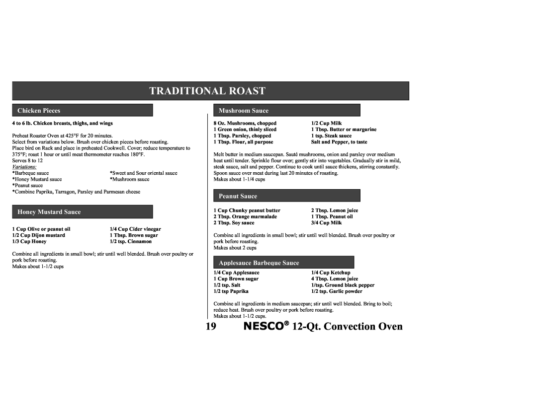 Nesco Convection Roaster Oven manual NESCO→ 12-Qt.Convection Oven, Chicken Pieces, Honey Mustard Sauce, Mushroom Sauce 