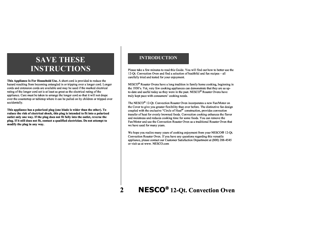Nesco Convection Roaster Oven manual Save These Instructions, 2NESCO→ 12-Qt.Convection Oven, Introduction 