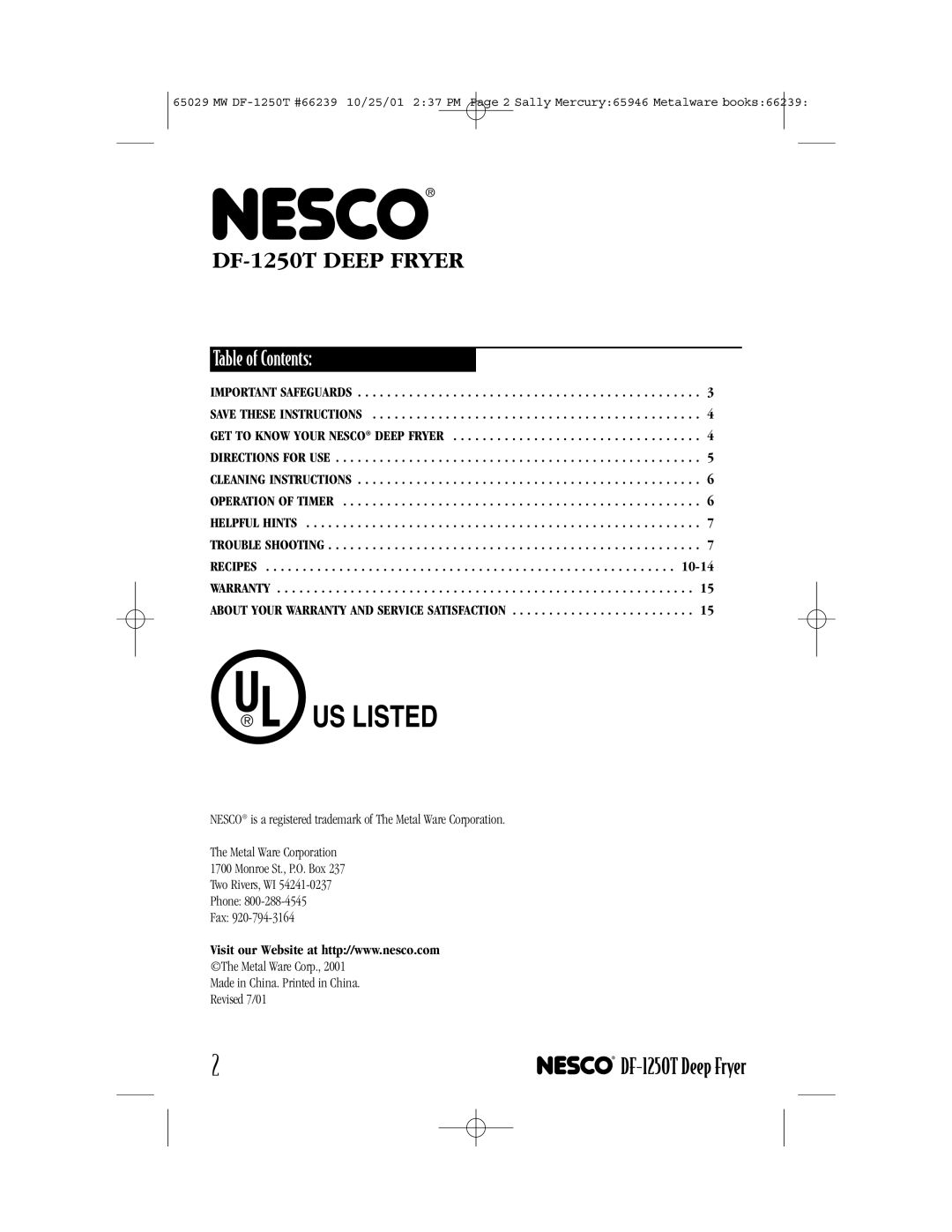 Nesco manual Table of Contents, Us Listed, DF-1250TDEEP FRYER, DF-1250TDeep Fryer 