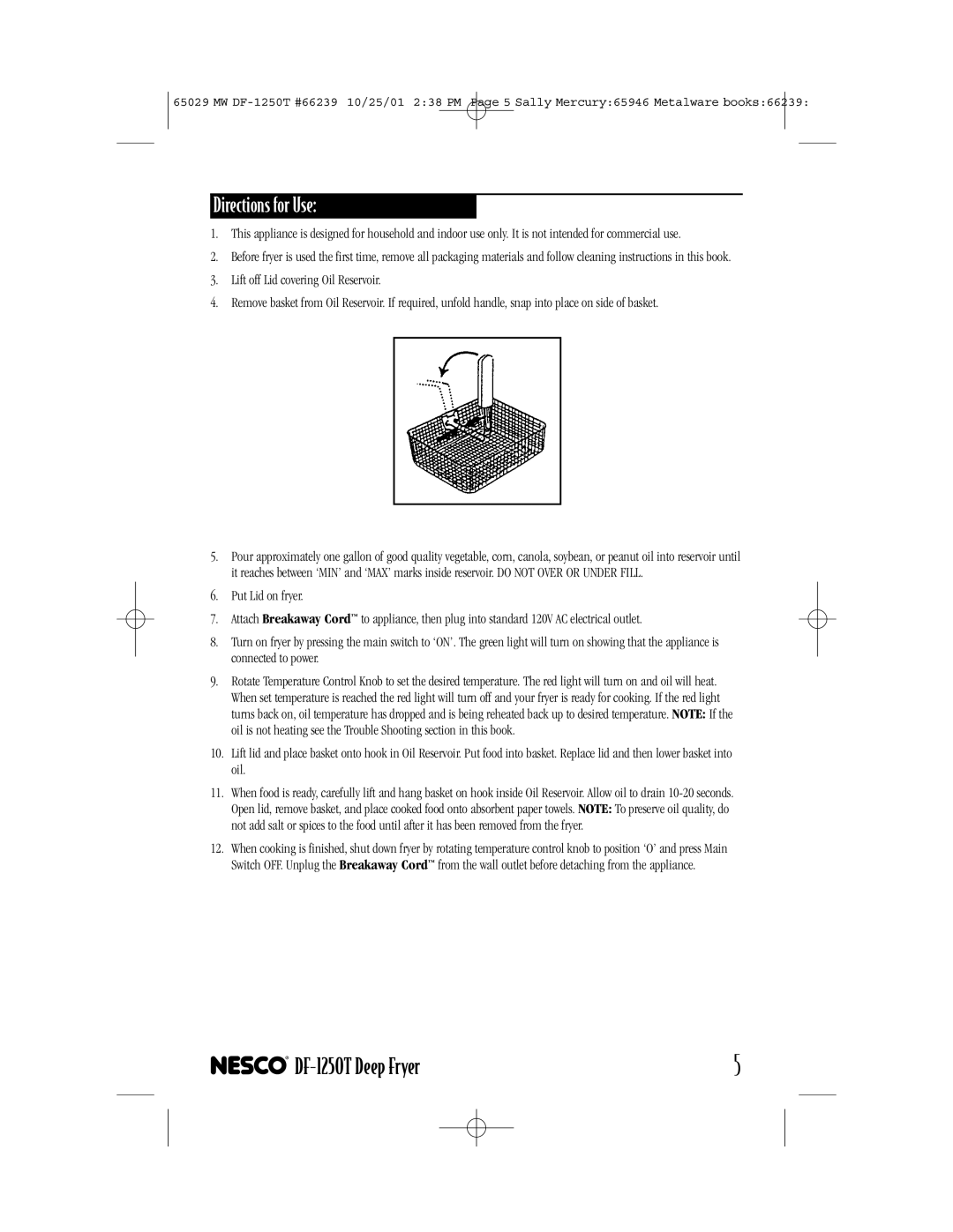 Nesco manual Directions for Use, DF-1250TDeep Fryer 