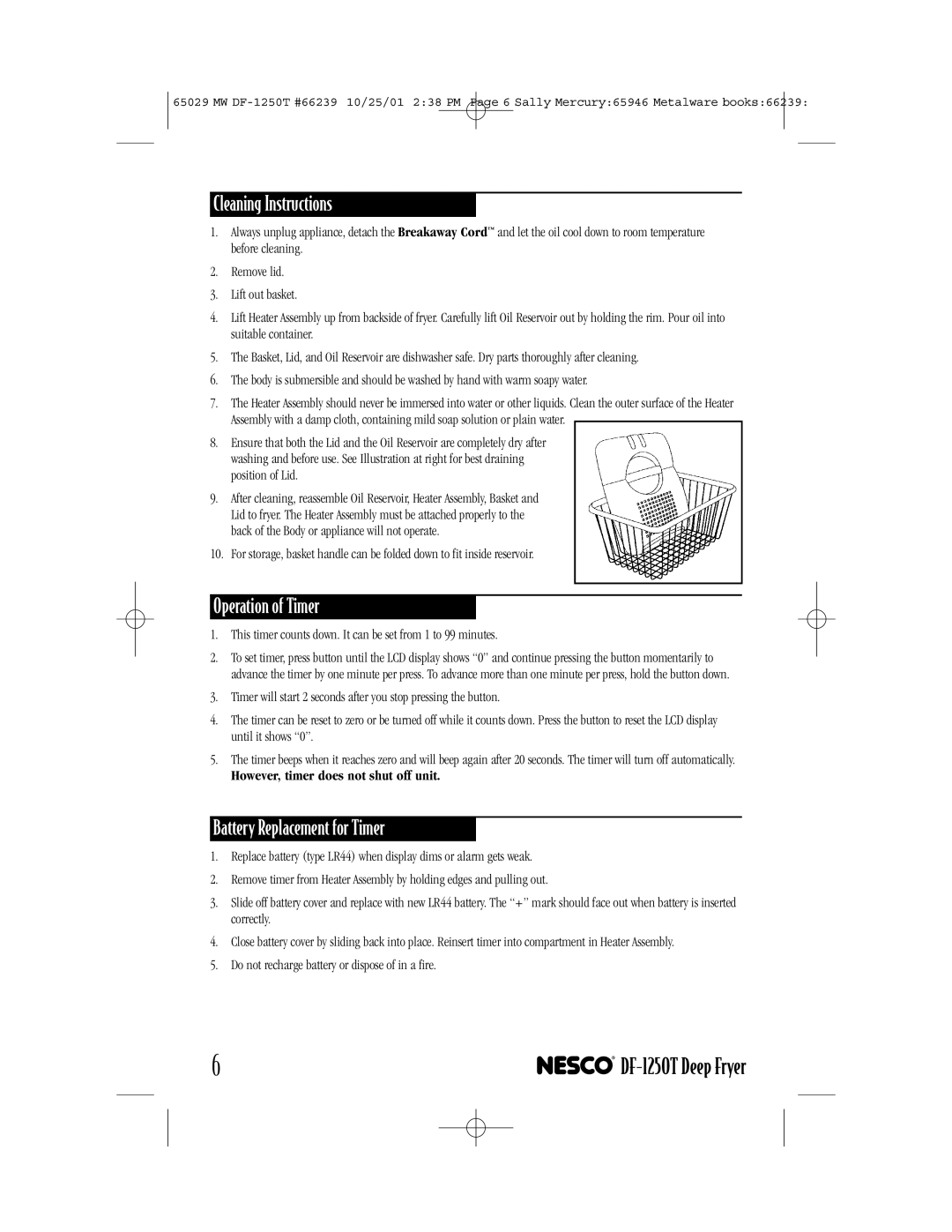 Nesco DF-1250T manual Cleaning Instructions, Operation of Timer, Battery Replacement for Timer 