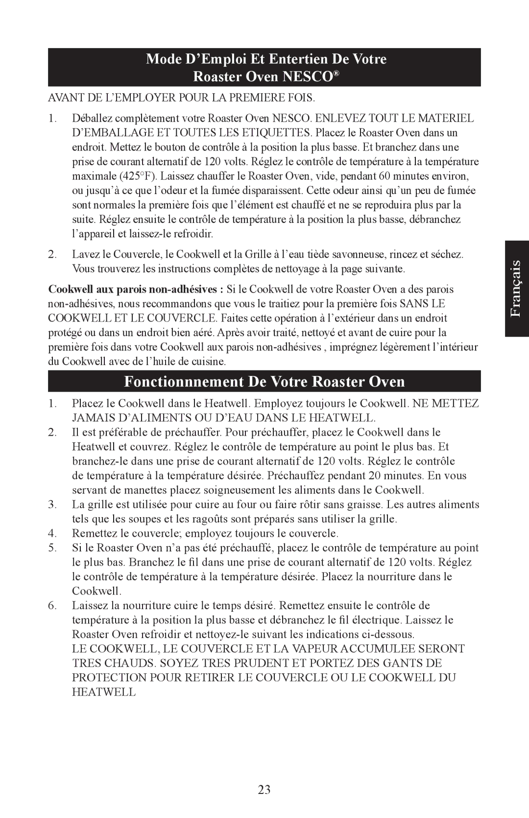 Nesco Electric Roaster Oven Fonctionnnement De Votre Roaster Oven, Mode D’Emploi Et Entertien De Votre Roaster Oven Nesco 