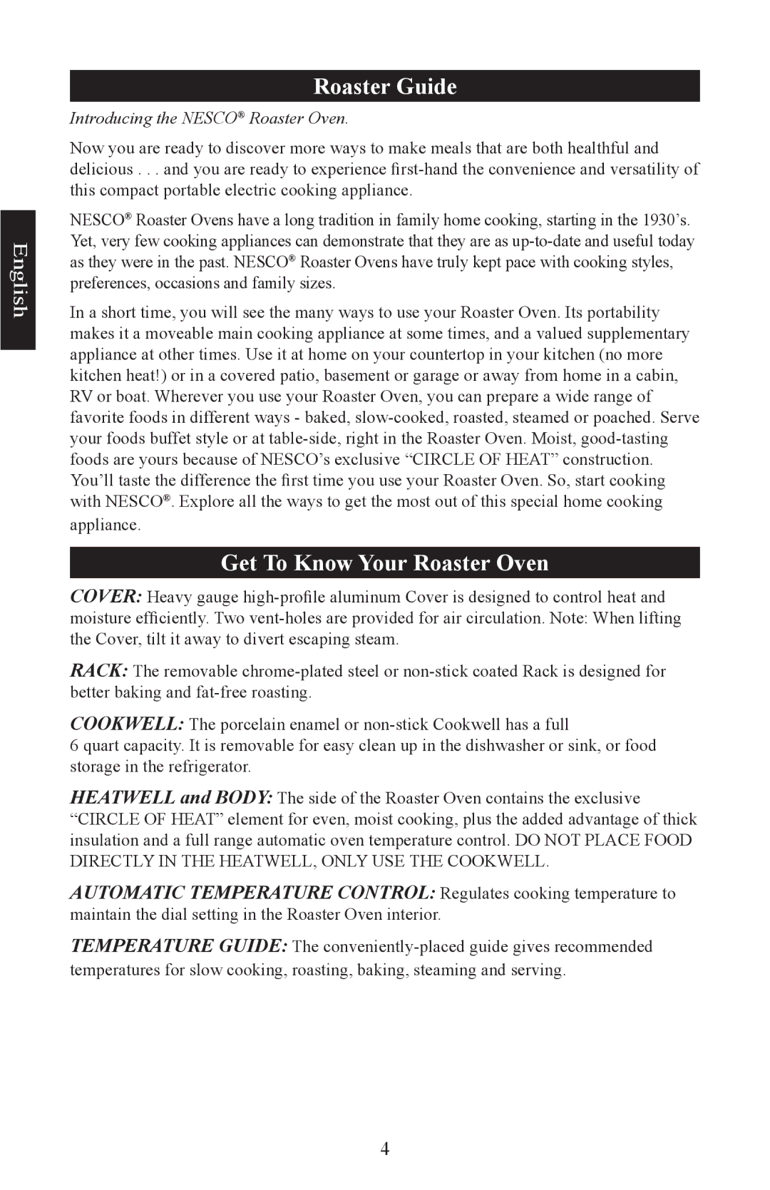 Nesco Electric Roaster Oven manual Roaster Guide, Get To Know Your Roaster Oven 