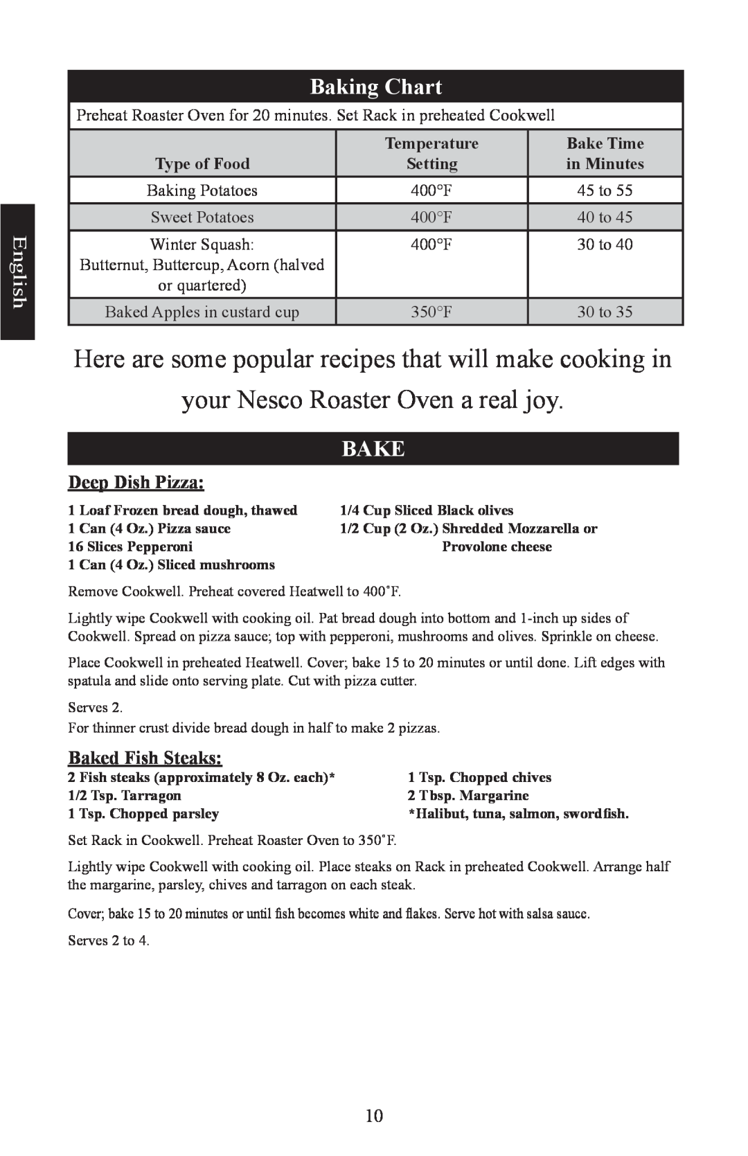 Nesco Electric Roaster Oven manual Baking Chart, your Nesco Roaster Oven a real joy, English, Temperature, Bake Time 